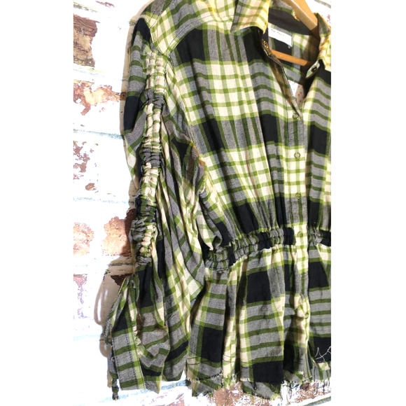 NWT Free People Green Wool Blend Pacific Dawn Plaid Ruched Peplum Raw Hem Blouse - Picture 9 of 15